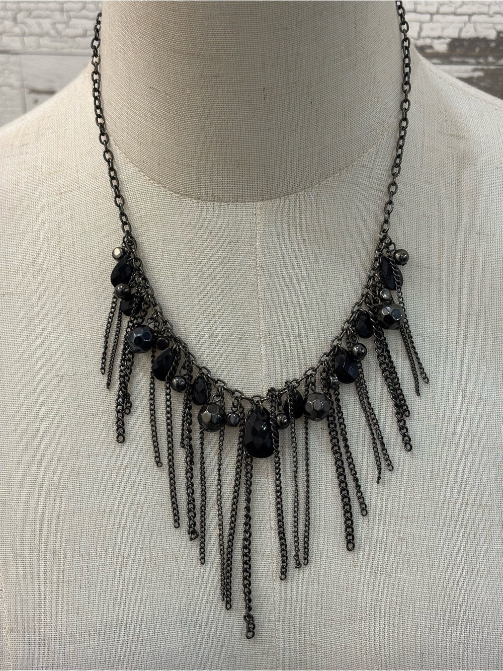 Claire's Black Beaded Fringe Crystal Gun Metal Necklace